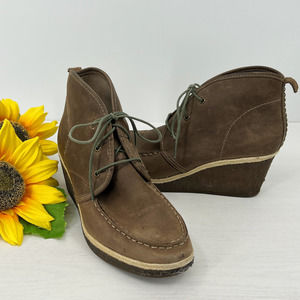 Olukai Wali Brown Suede Leather Wedge Ankle Boots Lace Up Size 8